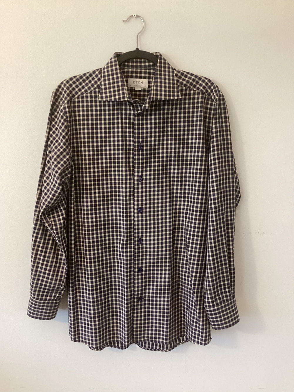 Eton Navy and White Windowpane Check Dress Shirt